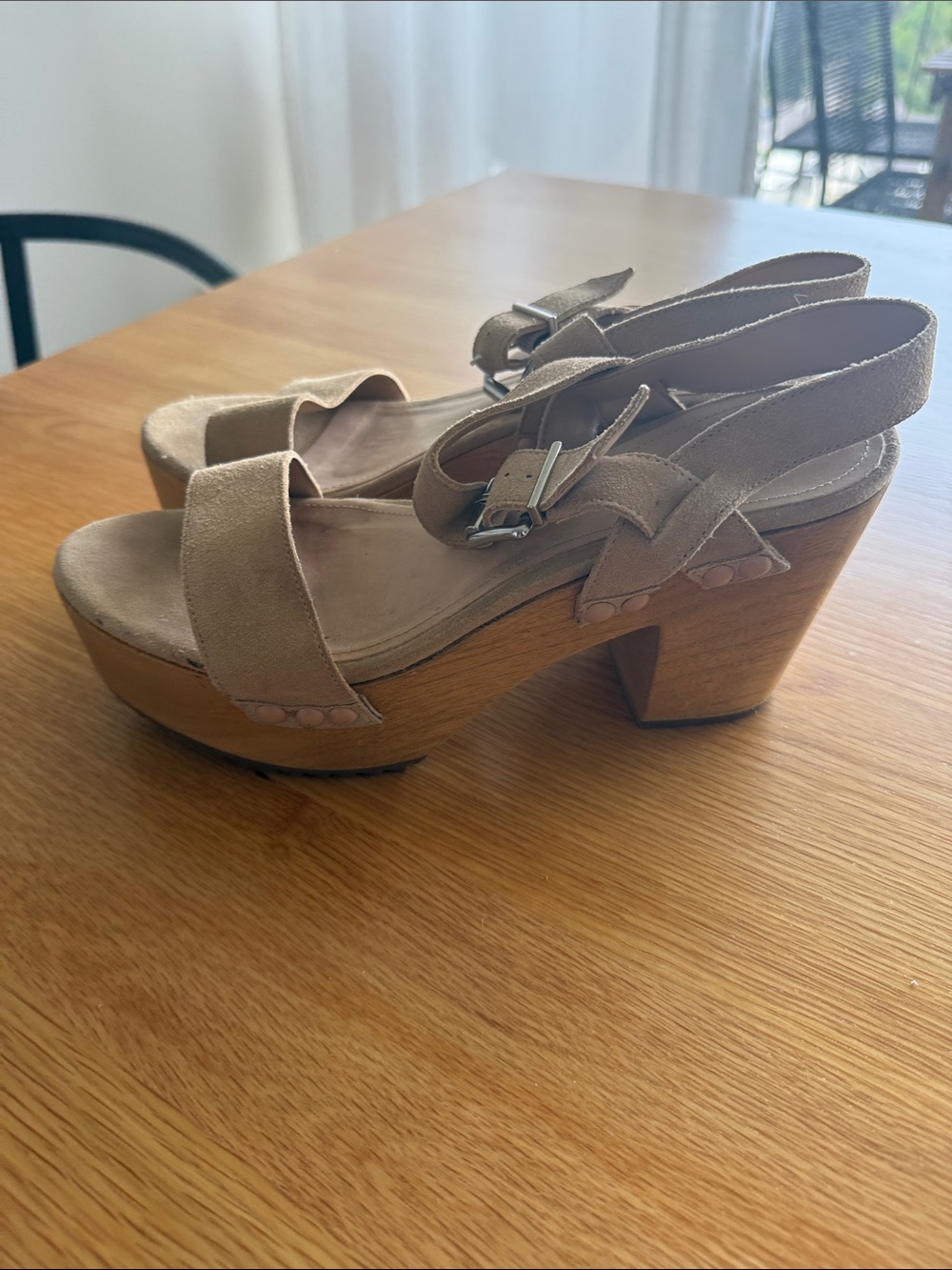 SCHUTZ Taupe Suede Platform Sandals with Wooden Block Heel